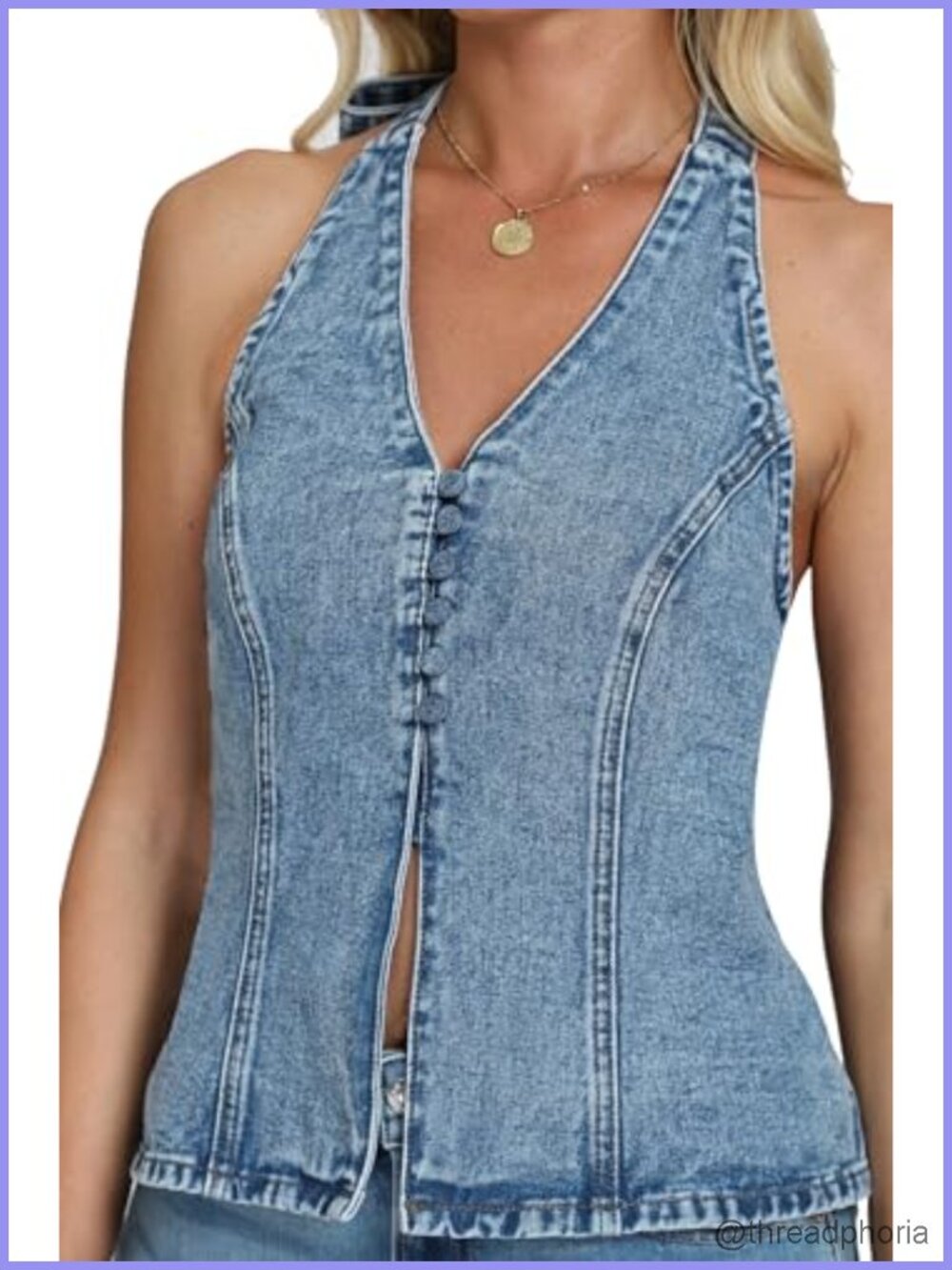 Sleeveless Denim Vest Halter Top Button Down Tie Backless Y2K Sexy Jean Tank